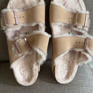 Birkenstock Tan and Pink Slippers with Plush Lining